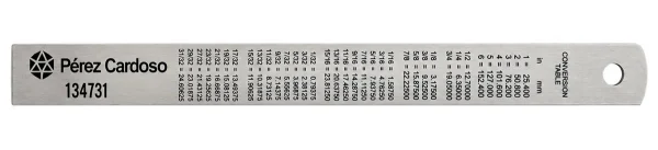 Parte trasera de regla inox 150mm Pérez Cardoso® 134731 con tabla de conversión de pulgadas a milímetros